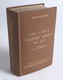 Wisden Cricketers&rsquo; Almanack 1937. 74th edition. Original hardback. Dulled gilt titles to spine, minor wear to surface of the spine paper otherwise in good/very good condition, internally in very good condition