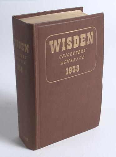 Wisden Cricketers&rsquo; Almanack 1938. 75th edition. Original hardback. Bump to the bottom left hand corner of the rear board otherwise in good/very good condition. Handwritten ink inscription to the front end paper