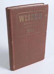 Wisden Cricketers&rsquo; Almanack 1944. 81st edition. Original hardback. Only 1500 hardback copies were printed in this war year. Vertical crease to the centre of the front board, vertical and horizontal creasing to the rear board, some wear to the extremities