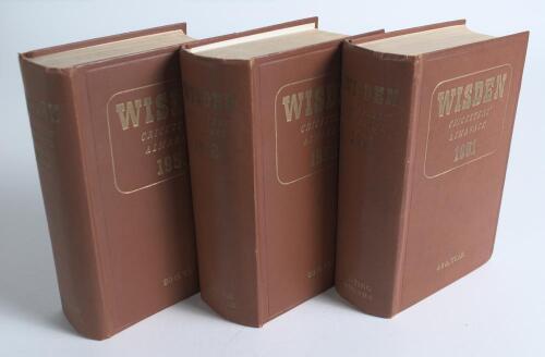 Wisden Cricketers&rsquo; Almanack 1951, 1952 & 1953. Original hardback editions. Some wear to the front internal hinge of the 1951 edition, broken internal hinges of the 1952 edition, the 1953 edition in very good condition. Overall the three in good/very good 