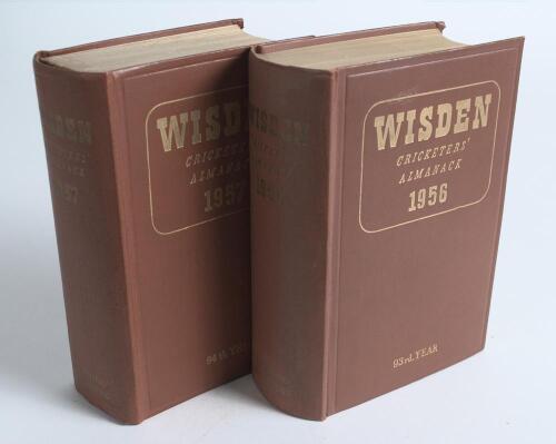 Wisden Cricketers&rsquo; Almanack 1956 and 1957. Original hardback. Some wrinkling to spine of both books, slight bowing to the front board of the 1957 edition otherwise in very good condition