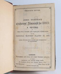 Wisden Cricketers&rsquo; Almanack 1883. 20th edition. Bound in green and red quarter leather boards, lacking original wrappers, with title and date in gilt to spine, red speckled page edges. Pages checked, lacking the front and all rear advertising pages. Odd m