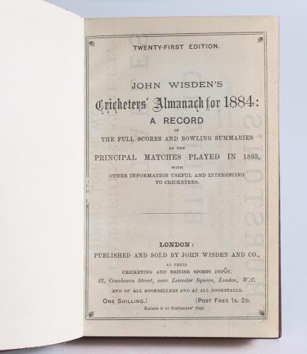 Wisden Cricketers&rsquo; Almanack 1884. 21st edition. Bound in red boards, lacking original wrappers, with title and date in gilt to spine, red speckled page edges. Pages checked, lacking the front and all the rear advertising pages. Good/very good condition