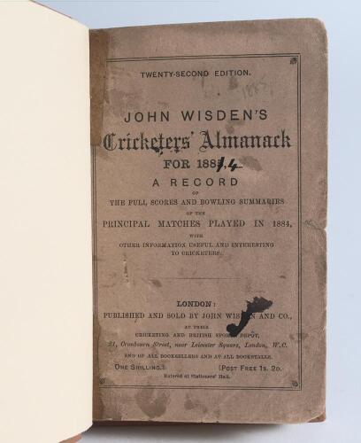 Wisden Cricketers&rsquo; Almanack 1885. 22nd edition. Bound in light brown boards, with original wrappers, with title and date in gilt to spine. Signature of collector Guy Curry to front end paper. Some wear, ink staining and soiling to wrappers, rounding to fr