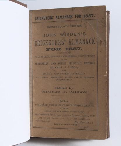 Wisden Cricketers&rsquo; Almanack 1887. 24th edition. Bound in brown boards, with original wrappers, with title and date in gilt to spine. Some general wear and soiling to wrappers, some staining to page block, two pages at the front with what appears to be ins