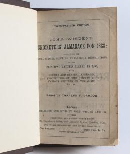 Wisden Cricketers&rsquo; Almanack 1888. 25th edition. Bound in dark brown boards, lacking original wrappers, with title and date in gilt to spine. Lacking first advertising page at the front otherwise in good/very good condition