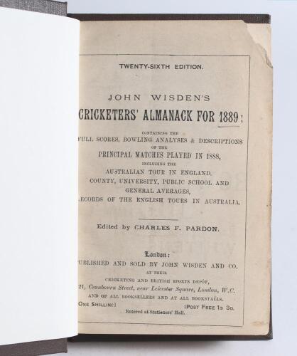 Wisden Cricketers&rsquo; Almanack 1889. 26th edition. Bound in dark brown boards, lacking original wrappers, with title and date in gilt to spine. Lacking first and rear advertising pages, loss to top corner of the title page otherwise in good/very good conditi