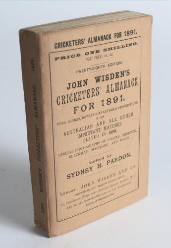 Wisden Cricketers&rsquo; Almanack 1891. 28th edition. Original paper wrappers. Very minor bowing to spine, slight foxing to page block otherwise in excellent condition, not often seen. Stored in protective box