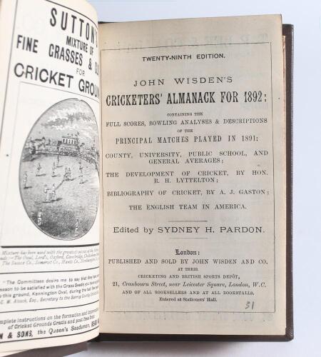 Wisden Cricketers&rsquo; Almanack 1892. 29th edition. Bound in dark brown boards, lacking original wrappers, with title and date in gilt to spine, red speckled page edge. Complete with advertising pages and in good/very good condition