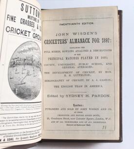 Wisden Cricketers&rsquo; Almanack 1892. 29th edition. Bound in dark brown boards, lacking original wrappers, with title and date in gilt to spine, red speckled page edge. Complete with advertising pages and in good/very good condition