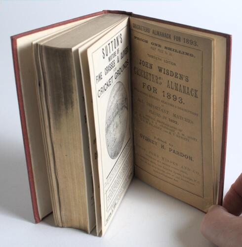 Wisden Cricketers&rsquo; Almanack 1893. 30th edition. Bound in red boards, with original wrappers bound at the rear, with title and date in gilt to spine, gilt to page block. Very good condition