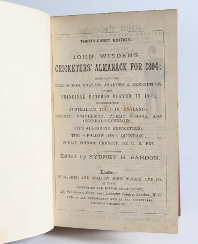 Wisden Cricketers&rsquo; Almanack 1894 and 1895. 31st & 32nd editions. Bound in light brown and dark brown boards, both lacking original wrappers, with title and date in gilt to spine. The 1894 edition, with partial rear wrapper, lacking advertising pages at fr