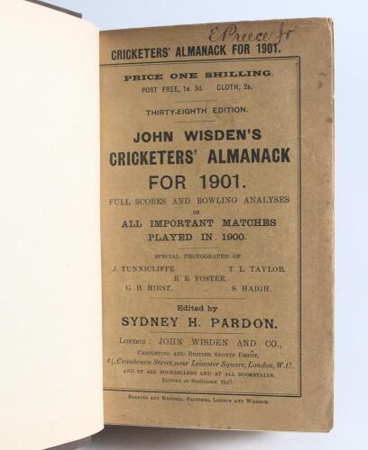 Wisden Cricketers&rsquo; Almanack 1901. 38th edition. Bound in dark brown boards, with original wrappers, with title and date in gilt to spine. Signature of ownership to top border of the front wrapper. Good/very good condition