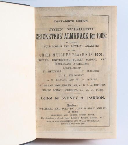 Wisden Cricketers&rsquo; Almanack 1902 and 1903. 39th & 40th editions. Bound in black and dark brown boards, the 1902 edition lacking original wrappers and advertising pages and the 1903 lacking original front wrapper but retaining rear wrapper, both with title