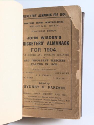 Wisden Cricketers&rsquo; Almanack 1904 and 1905. 41st & 42nd editions. Both bound in dark brown boards, the 1904 edition with original wrappers and the 1905 lacking original front wrapper but retaining rear wrapper, both with title and date in gilt to spine. Lo