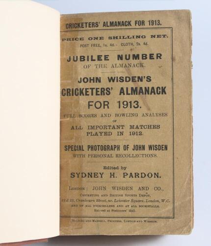 Wisden Cricketers&rsquo; Almanack 1913 and 1914. 50th & 51st editions. Bound in light and dark brown boards, the 1913 edition with original wrappers, the 1914 lacking wrappers, with title and date in gilt to spine. Some soiling and staining to the wrappers of t