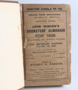 Wisden Cricketers&rsquo; Almanack 1906 and 1907. 43rd & 44th editions. Bound in light and dark brown boards, the 1906 edition with original front wrapper only and the 1907 lacking wrappers, both with title and date in gilt to spine. Good condition. Qty 2