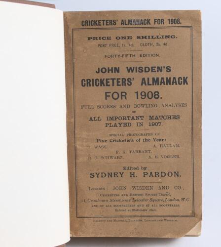 Wisden Cricketers&rsquo; Almanack 1908. 45th edition. Bound in light brown boards, with original wrappers, with title and date in gilt to spine. Minor lower front wrapper corner loss otherwise in good condition