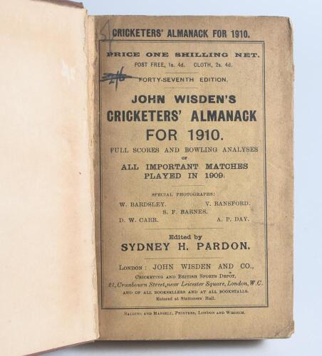Wisden Cricketers&rsquo; Almanack 1910 and 1911. 47th & 48th editions. Bound in light and dark brown boards, with original wrappers, with title and date in gilt to spine. Both editions with soiled and age toned wrappers, the 1910 edition, a little tired with so