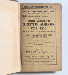 Wisden Cricketers&rsquo; Almanack 1910 and 1911. 47th & 48th editions. Bound in light and dark brown boards, with original wrappers, with title and date in gilt to spine. Both editions with soiled and age toned wrappers, the 1910 edition, a little tired with so