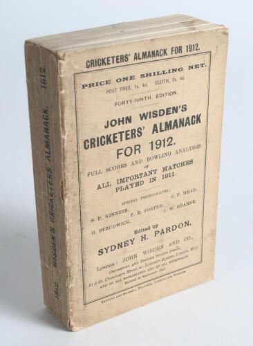 Wisden Cricketers&rsquo; Almanack 1912. 49th edition. Original paper wrappers. Some soiling, age toning and minor wear to wrappers and spine paper otherwise in good/very good condition