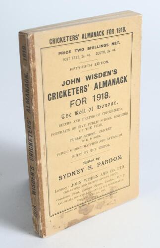 Wisden Cricketers&rsquo; Almanack 1918. 55th edition. Original paper wrappers. Old tape mark to spine, some wear and darkening to spine paper with minor loss, some staining to lower third of the front wrapper otherwise in good/very good condition