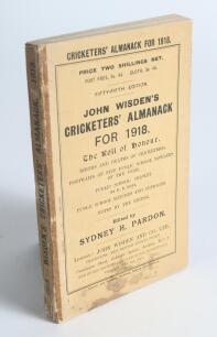 Wisden Cricketers&rsquo; Almanack 1918. 55th edition. Original paper wrappers. Old tape mark to spine, some wear and darkening to spine paper with minor loss, some staining to lower third of the front wrapper otherwise in good/very good condition