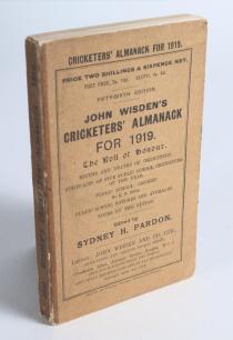 Wisden Cricketers&rsquo; Almanack 1919. 56th edition. Original paper wrappers. Old tape mark to spine, some wear and darkening to spine paper with minor loss otherwise in good/very good condition