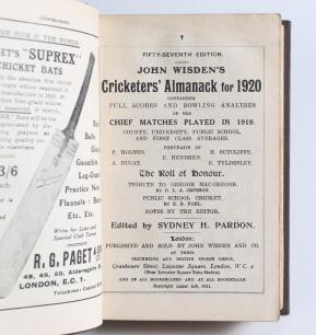 Wisden Cricketers&rsquo; Almanack 1920 and 1921. 57th & 58th editions. Both bound in dark brown boards, both lacking original front wrapper, with title and date in gilt to spine. Odd faults otherwise in good condition. Qty 2