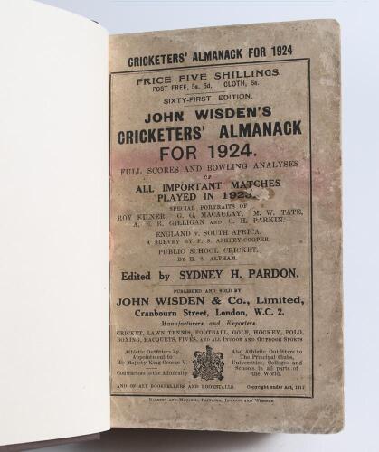 Wisden Cricketers&rsquo; Almanack 1924 and 1925. 61st & 62nd editions. Both bound in dark brown boards, with original wrappers, with title and date in gilt to spine. Some red ink staining to the front wrapper of the 1924 edition affecting the next two advertisi