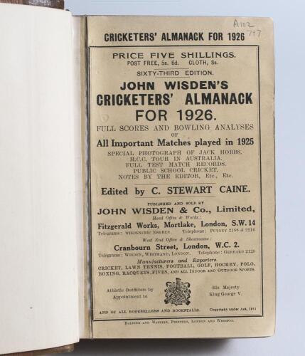 Wisden Cricketers&rsquo; Almanack 1926 and 1927. 63rd & 64th editions. The first bound in quarter leather and the second in dark brown boards, with original wrappers, with title and date in gilt to spine. The 1926 edition is ex Aldenham School library with labe