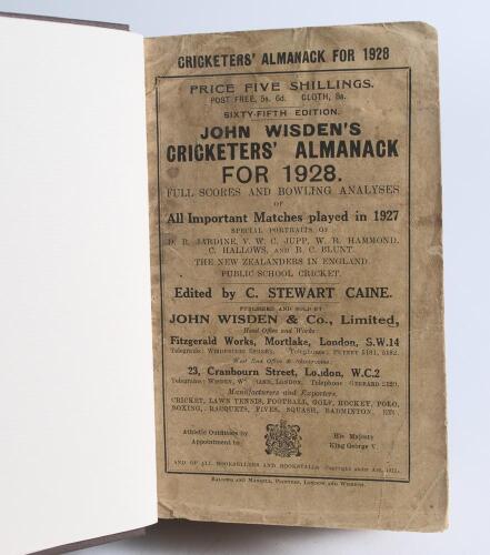 Wisden Cricketers&rsquo; Almanack 1928 and 1929. 65th & 66th editions. Both bound in dark brown boards, with original wrappers, with title and date in gilt to spine. Both editions with some wear and soiling to wrappers otherwise in good condition. Qty 2