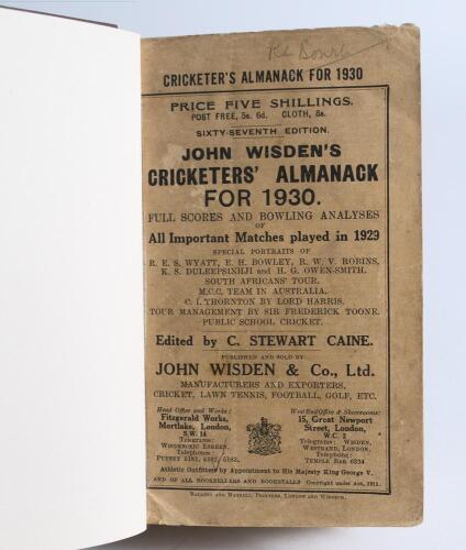 Wisden Cricketers&rsquo; Almanack 1930 and 1931. 67th & 68th editions. Both bound in dark brown boards, with original wrappers, with title and date in gilt to spine. Minor faults to wrappers otherwise in good condition. Qty 2