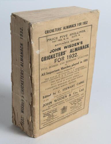 Wisden Cricketers&rsquo; Almanack 1932. 69th edition. Original paper wrappers. Some wear and small loss to spine paper, general wear to wrappers otherwise in good condition