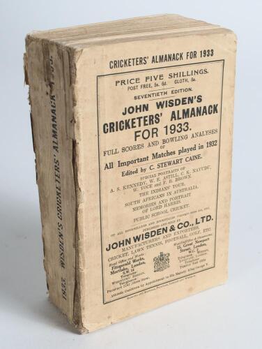 Wisden Cricketers&rsquo; Almanack 1933. 70th edition. Original paper wrappers. Wear with some loss to spine paper, general wear to wrappers otherwise in good condition