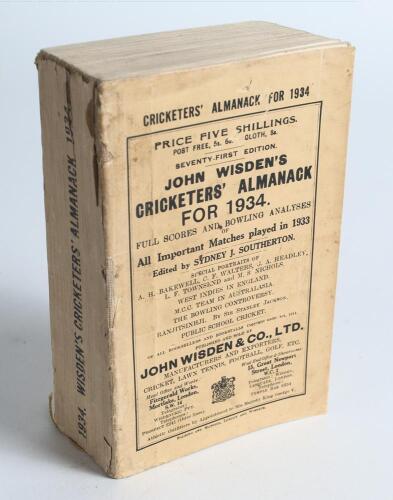 Wisden Cricketers&rsquo; Almanack 1934. 71st edition. Original paper wrappers. Some wear and minor loss to spine paper, general wear to wrappers otherwise in good condition