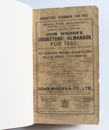 Wisden Cricketers&rsquo; Almanack 1935 and 1936. 72nd & 73rd editions. Both bound in dark brown boards, with original wrappers, with title and date in gilt to spine. Heavy soiling to the front wrapper of the 1935 edition, general wear to the other wrappers othe