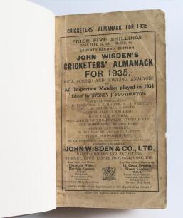 Wisden Cricketers&rsquo; Almanack 1935 and 1936. 72nd & 73rd editions. Both bound in dark brown boards, with original wrappers, with title and date in gilt to spine. Heavy soiling to the front wrapper of the 1935 edition, general wear to the other wrappers othe