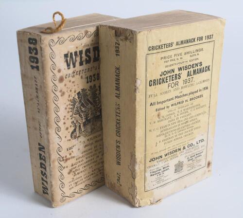 Wisden Cricketers&rsquo; Almanack 1937 and 1938. 74th & 75th editions. Original paper wrappers and original cloth covers. The 1938 edition with discolouration to the lower third of the front wrapper with some staining and slight loss to edge, loss to the head a