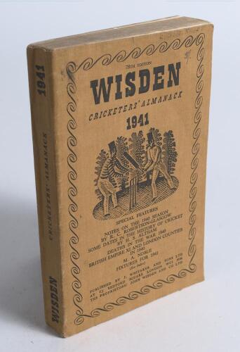 Wisden Cricketers&rsquo; Almanack 1941. 78th edition. Original limp cloth covers. Only 3200 paper copies printed in this war year. Name of ownership written in small lettering to top border of the front cover, slight soiling to front cover, some light staining 