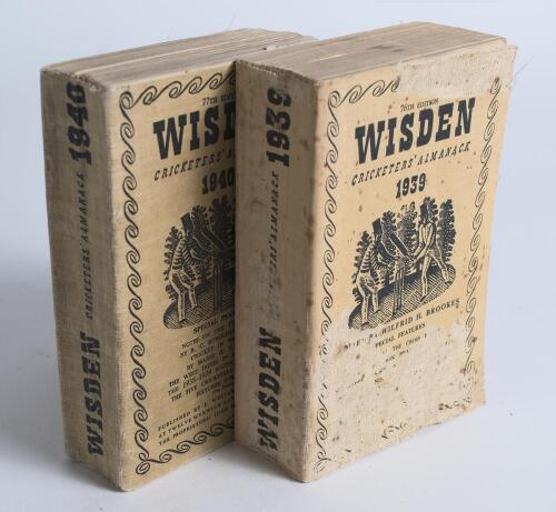 Wisden Cricketers&rsquo; Almanack 1939 and 1940. 76th & 77th editions. Original cloth covers. The 1939 edition with heavy loss to the printed surface of the front cover, lesser loss to the spine and rear cover, the 1940 edition with breaking to spine block, som