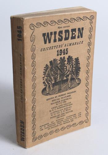 Wisden Cricketers&rsquo; Almanack 1945. 82nd edition. Original limp cloth covers. Only 6500 paper copies printed in this war year. Slightly cocked spine to the right, some minor wear to covers and soiling to the rear cover otherwise in good condition. Rare war-