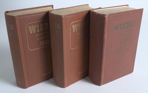 Wisden Cricketers&rsquo; Almanack 1950 to 1952. Original hardback editions. otherwise in good condition. The first two copies with fading to gilt titles on the spine, the 1950 edition with fading to the titles on the front board, the 1950 edition with broken fr