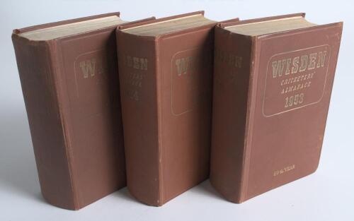 Wisden Cricketers&rsquo; Almanack 1953, 1954 and 1956. Original hardback editions. The 1953 and 1954 editions with some faults to the boards otherwise in good condition. The 1956 edition with fading to gilt titles, breaking to spine block and breaking to front 