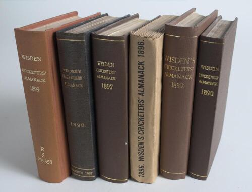 Wisden Cricketers&rsquo; Almanack 1890, 1892, 1896, 1897, 1898 and 1899. 27th, 29th, 33rd, 34th, 35th & 36th editions. All books with faults. The first two and the last two books bound in boards, the first, third and fourth lacking wrappers and the second with 