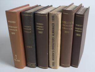 Wisden Cricketers&rsquo; Almanack 1890, 1892, 1896, 1897, 1898 and 1899. 27th, 29th, 33rd, 34th, 35th & 36th editions. All books with faults. The first two and the last two books bound in boards, the first, third and fourth lacking wrappers and the second with 