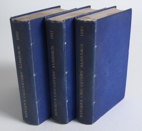 Wisden Cricketers&rsquo; Almanack 1910, 1911 and 1912. 47th to 49th editions. All three books bound in mid blue boards, lacking wrappers, with gilt titles to spine., red speckled page edges. Good condition. Qty 3