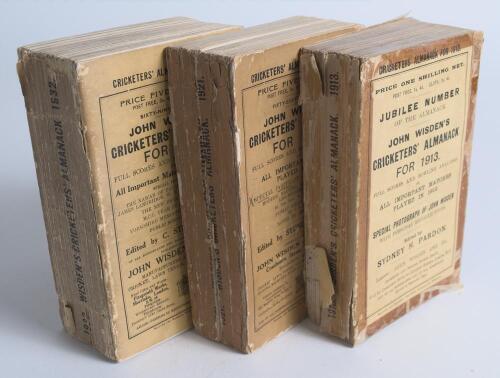 Wisden Cricketers&rsquo; Almanack 1913, 1921 and 1932. 50th, 58th and 69th editions. Original paper wrappers. All three editions with faults and broken page blocks to a greater or lesser extent, the 1913 with wear to wrappers and loss to spine with tape to outs