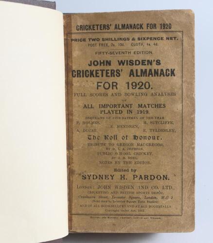 Wisden Cricketers&rsquo; Almanack 1920 and 1922. 57th and 59th editions. Both books bound in mid blue boards, with original paper wrappers, with gilt titles to spine. Odd faults otherwise in good condition. Qty 2