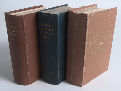 Wisden Cricketers&rsquo; Almanack 1923 to 1925. 60th to 62nd editions. The 1923 and the 1925 bound in light brown boards, the 1924 in blue boards, lacking original paper wrappers, with gilt titles to spine. The 1923 and 1925 with small page section loose, the 1